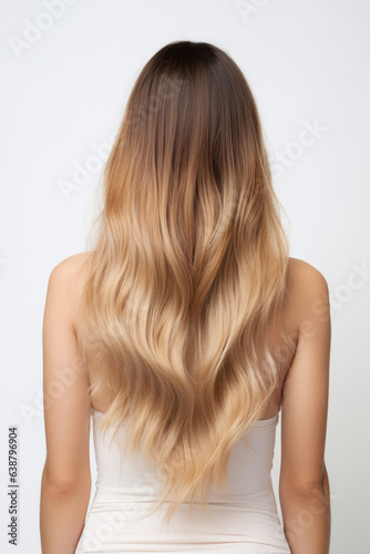 Back view of young woman with ombre hair on a white background