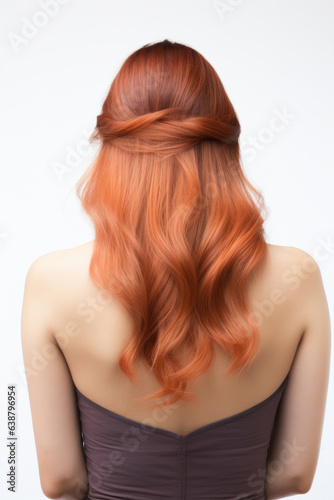 Back view of young woman with ombre hair on a white background