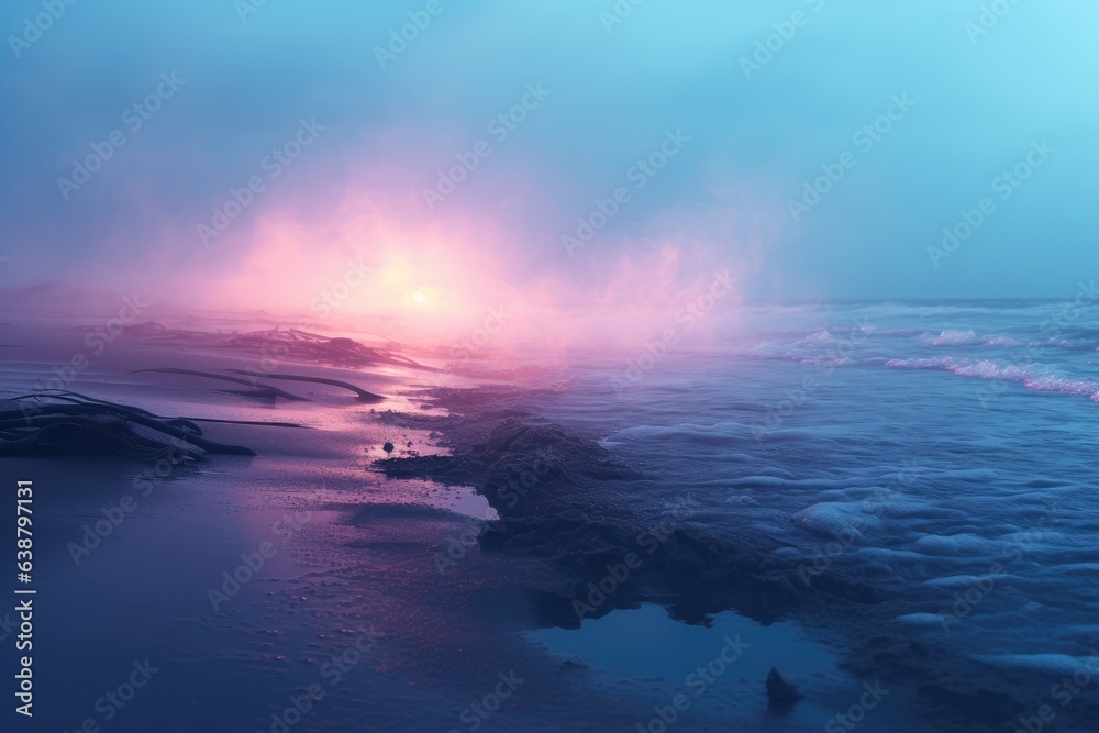 Fototapeta premium Misty mountains with gentle slopes and flock of birds in sunrise sky.