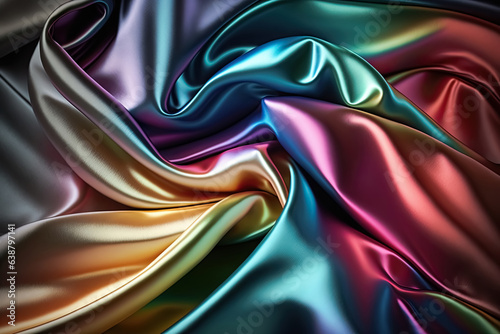 Dark rainbow colors abstract shiny plastic silk or satin wavy background. Generative AI.