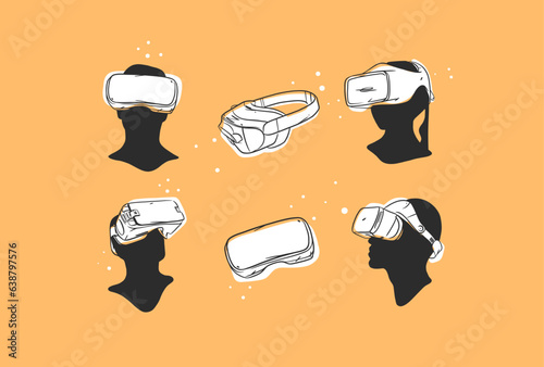 Hand drawn vector abstract graphic line art collection with virtual reality technology headset devise and human silhouette. Human in virtual reality headset outline design. Concept of virtual reality.
