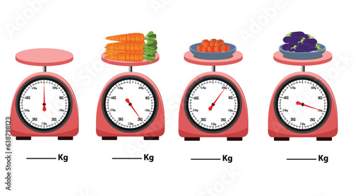 Measuring Scale kg weight measuring carrot and tomato. Analog weight scale. isolated on a white background. simple kitchen scale. vector illustration. measuring Analog scale clip art.