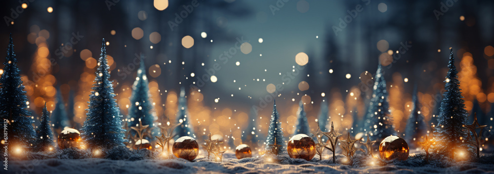 a landscape of fir trees, Christmas balls and snow with a sparkling bokeh, generative AI a landscape of fir trees, Christmas balls and snow with a sparkling bokeh, generative AI