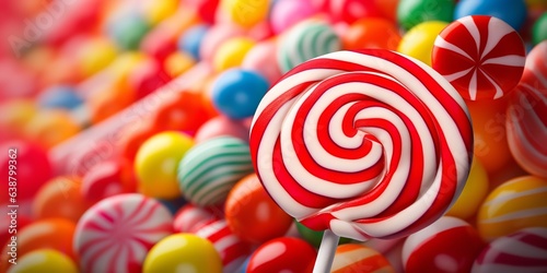 A close-up of a candy cane and a lolly against a vibrant dessert backdrop. Generative Ai.