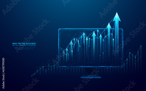 Abstract growing graph chart on a computer monitor screen. Finance growth. Digital arrows up and diagram. Investment or business strategy. Low poly wireframe vector illustration on a blue background.