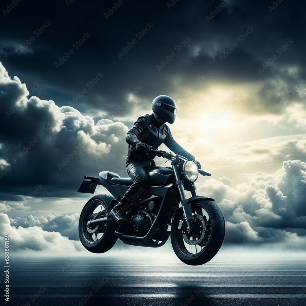 Riding an all-black motorcycle against a cloud background Riding an all-black motorcycle against a cloud background