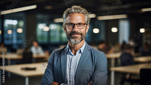 Seasoned entrepreneur in his 50s stands confidently in his well-organized office, arms crossed