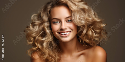 Fashion Model with Curly Hair Smiling on Gray Background