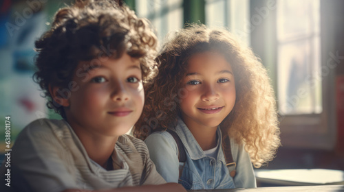 Happy children study in the classroom. A group of kids learn at school. Learning and education concept.