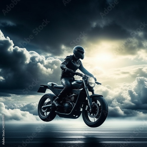 Riding an all-black motorcycle against a cloud background