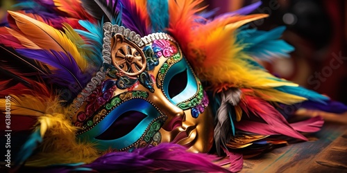 Concept of a joyful, joyous carnival including a trumpet mask. Carnival costume. Generative Ai. © Planum