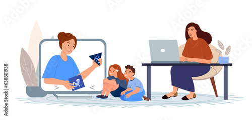 Young Business woman working.Online Babysitter playing with kids.Mother Freelancer Working Remotely on Laptop at Home.Business woman in Child Care Decree.Mom on Seminar Conference.Vector Illustration