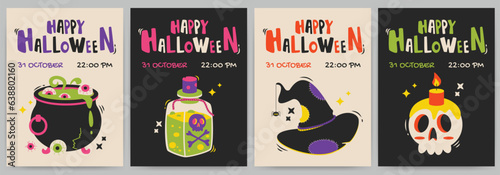 Halloween party. Greeting cards or posters set with calligraphy, hat, potion.