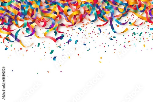 Colorful party streamers and confetti isolated on a white background.