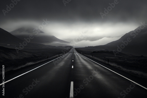 Long road with dark sky and mountains in the background.