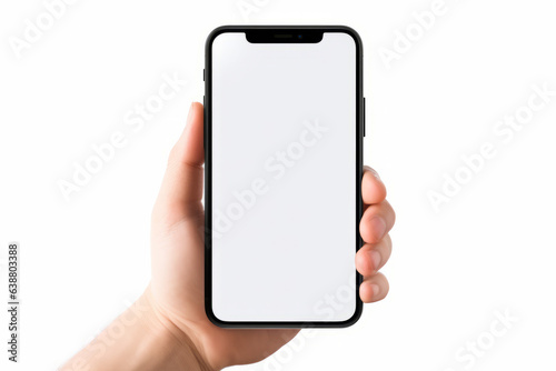 Person holding cell phone in their hand with blank screen.