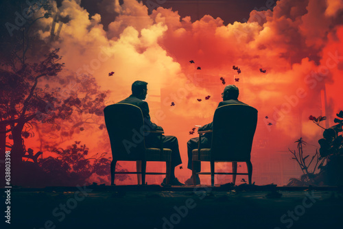 Two men sitting in chairs facing each other in front of red sky.