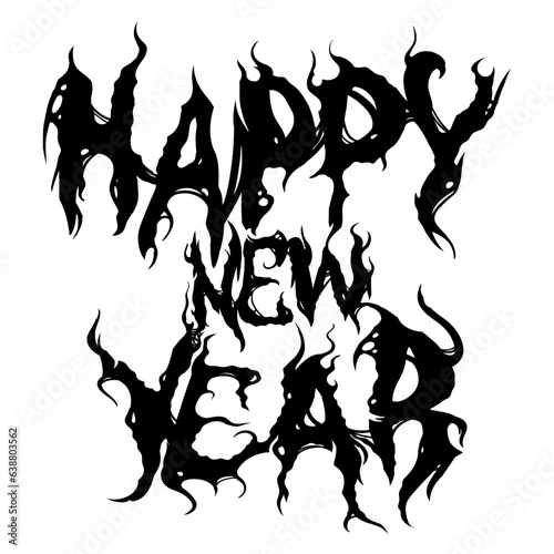 Happy New Year text. Hand drawn lettering in goth style. Black letters illustration in horror style. Fashionable style for decor. Vector EPS 10