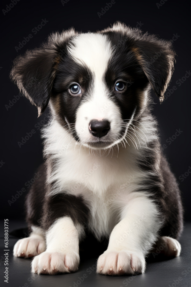 Puppy sitting on black background with black background and white border.