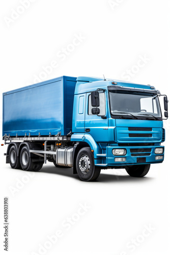 Blue truck is parked on white surface with white background.