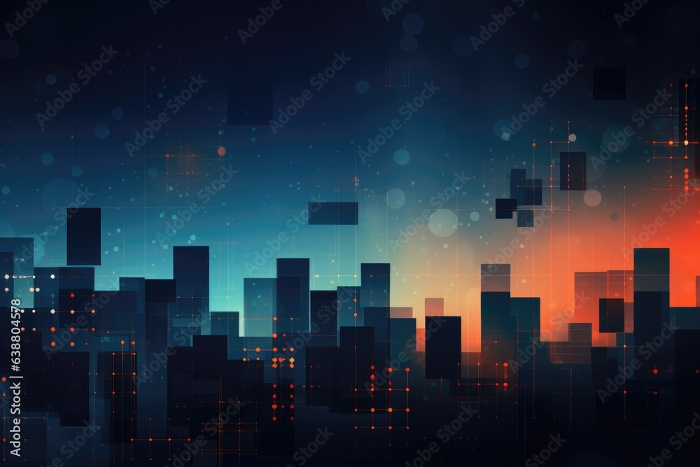 Abstract night cityscape background. Smart city, ai and digital transformation concept. Double exposure