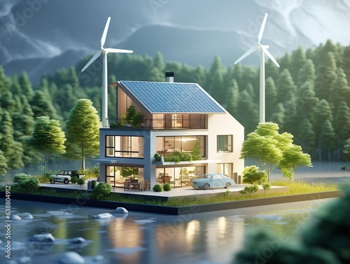 Layout with house, green trees and windmill. Concept of renewable energy and ecology, green energy.