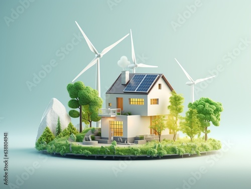 Layout with house, green trees and windmill. Concept of renewable energy and ecology, green energy.