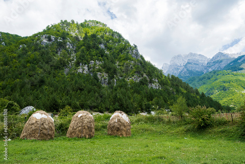 Balls of hay for the animals in the meadow photo