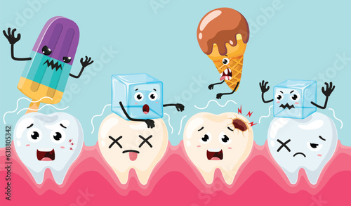 Sensitive tooth cartoon with ice and ice cream, isolated on white background
