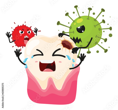 Cavity tooth cartoon with bad bacteria, isolated on white background