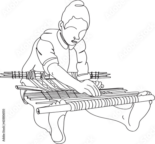one line sketch drawing cartoon clip art of Peruvian Artist Weaving on a Traditional Hand-Weaving Loom, Fabrics with Traditional Looms by Skilled Hands, Women Designers Crafting on Traditional Handloo