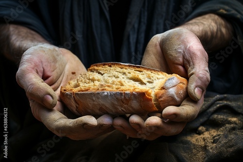 Bread in grimy hands highlights the harsh realities of poverty in capitalist society Generative AI