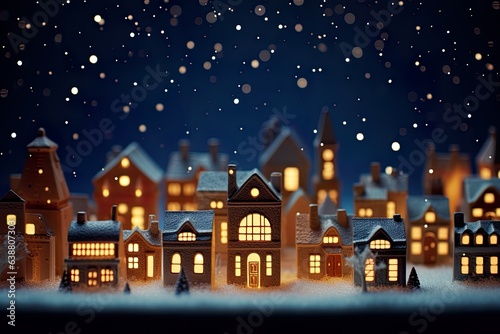 Small illuminated miniature village with black background. Cute Christmas small town with snowy houses. Adorable greeting card.