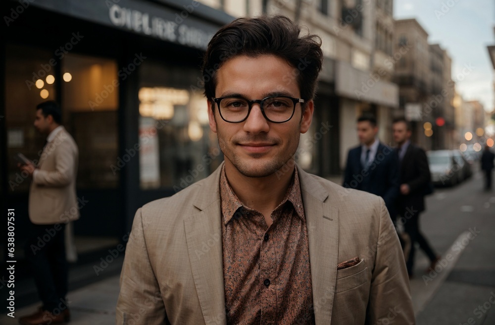 A confident businessman in a suit and glasses standing on a street corner with other men in the background wearing suits A confident businessman in a suit and glasses standing on a street corner with other men in the background wearing suits