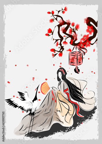 Japanese background with crane birds decoration vector. Japanese sumi-e ink birds. A girl in sakura flowers with a Japanese umbrella. Hand drawn wave with red circle shape elements in oriental style.