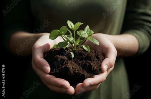 A person holding a plant in their hands with soil concept art reduce global warming