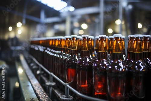 Selective focus on beer bottles on conveyor  shallow DOF highlights manufacturing precision Generative AI