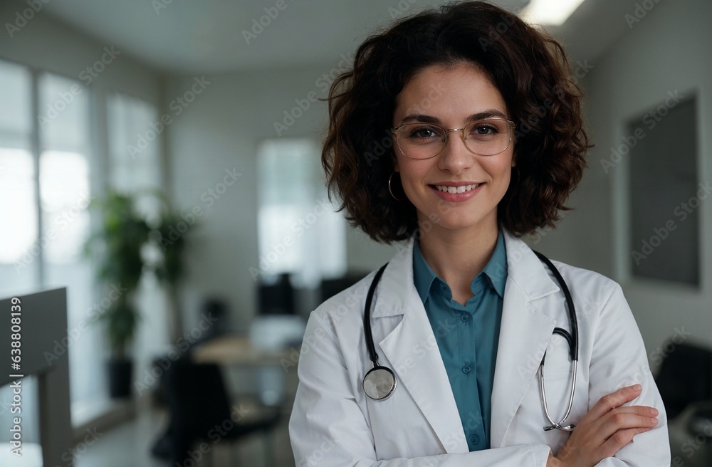 A smiling female doctor in a white coat and glasses standing in a room with a plant in the background A smiling female doctor in a white coat and glasses standing in a room with a plant in the background