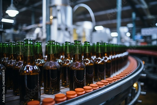 Shallow DOF captures conveyors beer bottles  emphasizing precision in selective focus Generative AI