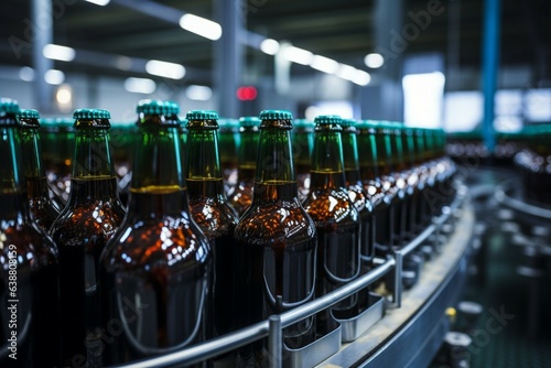 Shallow DOF captures conveyors beer bottles  emphasizing precision in selective focus Generative AI