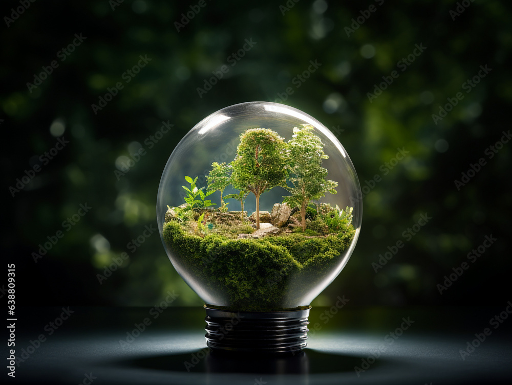 Ecological light bulb with city and green plants. The concept of renewable energy and preserving the planet.