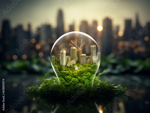 Ecological light bulb with city and green plants. The concept of renewable energy and preserving the planet.