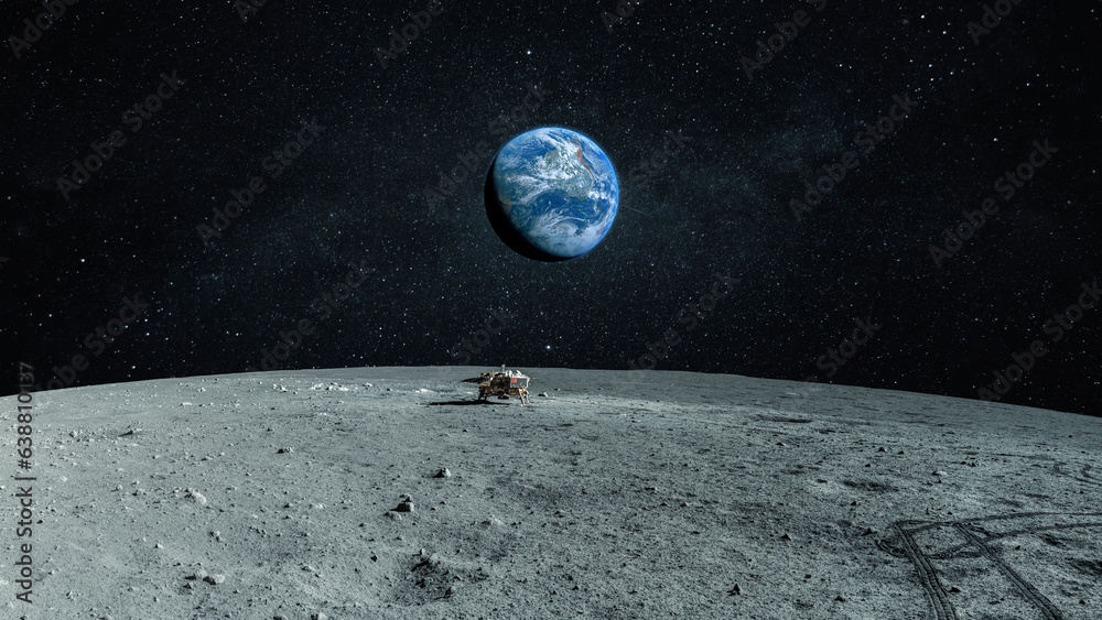 New space lunar mission. Landscape of the moon with stones and craters ...