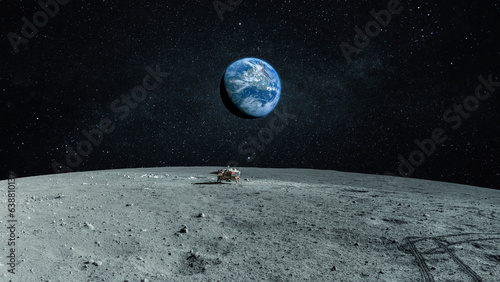 New space lunar mission. Landscape of the moon with stones and craters with a spacecraft on the surface. Blue planet earth view from the moon. photo