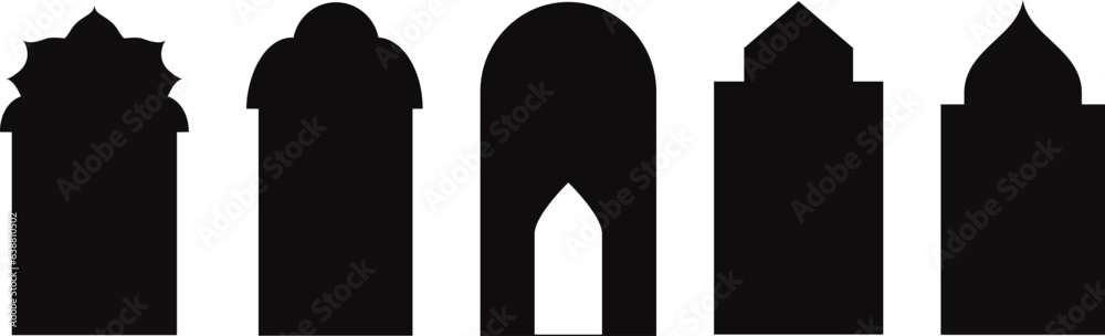 Set of black and white silhouettes of Islamic windows.Arab frame set.Ramadan kareem simbol icon. Set of black and white silhouettes of Islamic windows.Arab frame set.Ramadan kareem simbol icon.