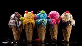 colorfull Melting ice cream cone on soft black background in studio. Ice cream Explosion. food photography