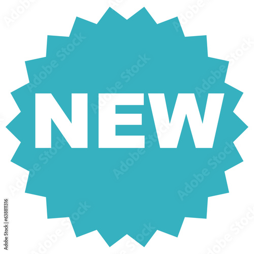 New tag, turquoise color flat style promotion label for new shop products. Star shaped vector illustration graphic design badge, stamp, sticker for web, UI, app, mobile. Isolated background.