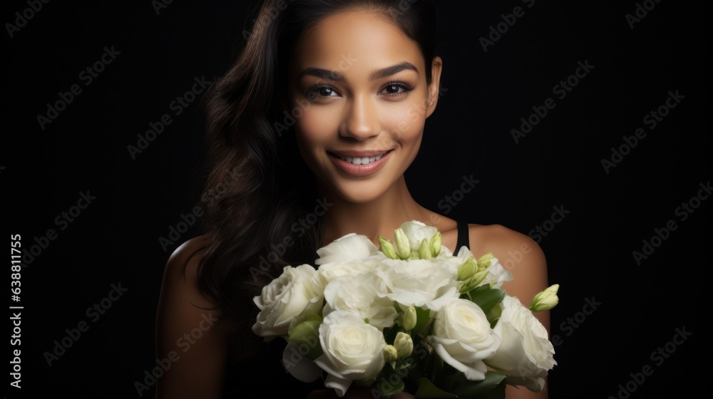Happy satisfied cute, pretty, latina woman portrait isolated on black background with white rose bouquet