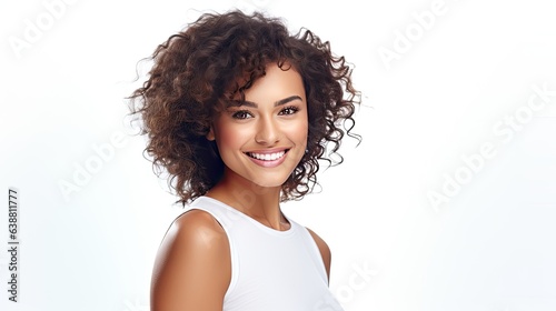 Happy satisfied cute, pretty, mix race woman portrait isolated on white background