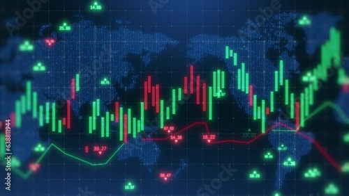 Stock Market Business Concept, abstract background, candlestick indicator and number running blue theme